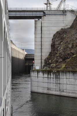 12. Exiting The Dalles Dam lock. Red light; don't back up.