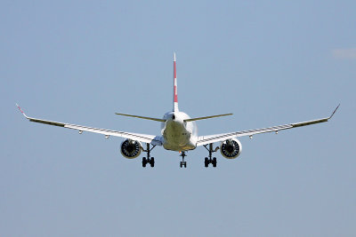 Swiss Airbus A220-100 (built as Bombardier CS100) on approach to runway 14
