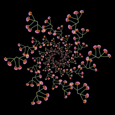 Logarithmic spiral kaleidoscope with 120 times the same tripple flower