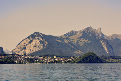 Lake Thun and some mountains in the south-west.  The righmost prominent peak in the background is Mount Stockhorn