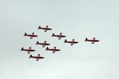 The secondary aerobatic team of the Swiss Air Force, the PC-7 Team, is performing at the Jubilee Celebration of 70 years Airport