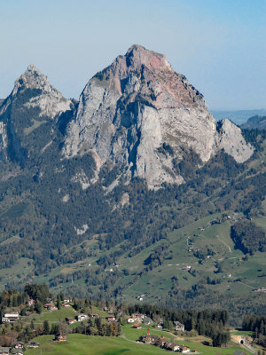 The two Mythen mountains - note the reddish top area of Greater Mythen