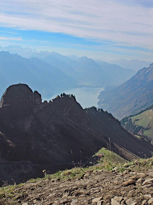 Reaching the top station at 2240 meters above sea level. Looking down towards Lake Brienz.