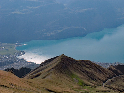 Looking down from the top of Brienzer Rothorn to the town of Brienz and its lake