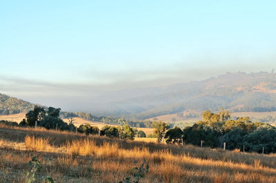 Burning off smoke haze looking South down Boggy Creek Valley.