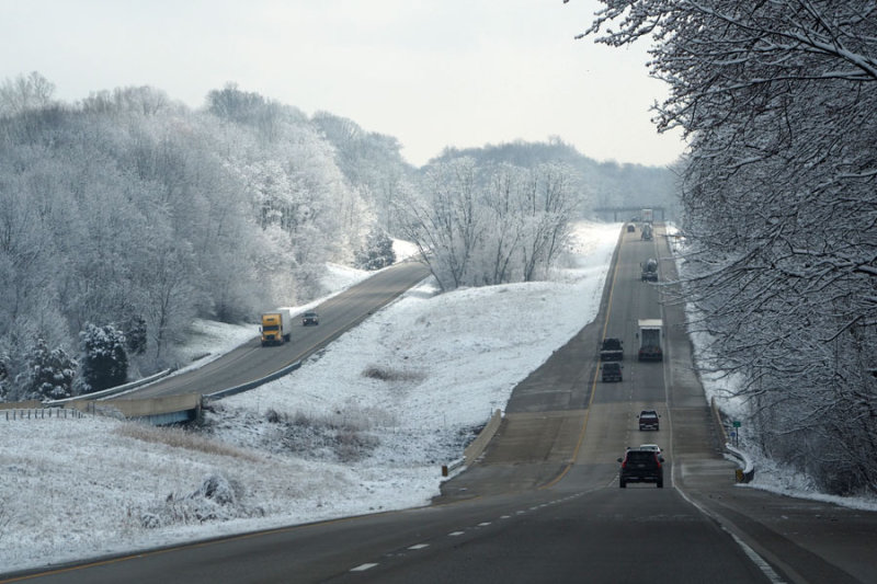 After an April snowstorm on Interstate 70 in Illinois