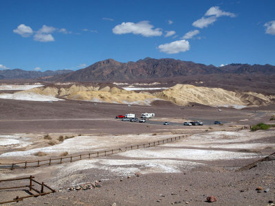 Parking area for Harmony Borax Works and the desert beyond, Death Valley