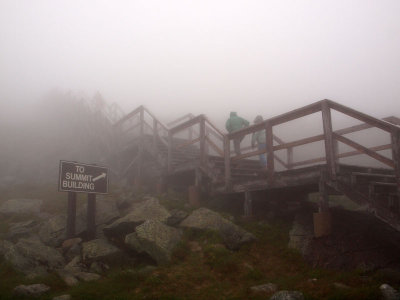 Stairs disappear into the fog on Mt. Washingtron