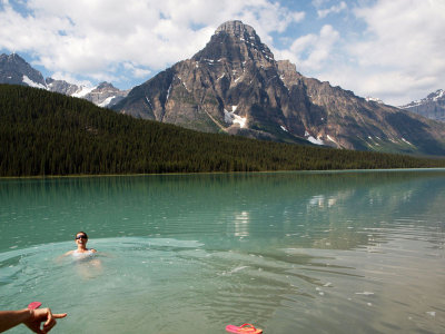 Swimming in Waterfowl lake in the shadow on Mt. Chephren