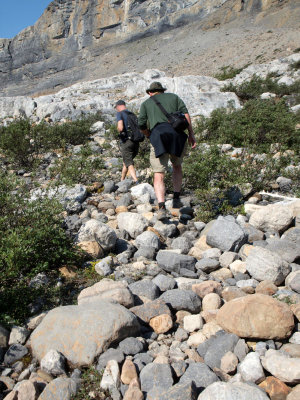 Up the rocky trail to Bow Glacier Waterfall
