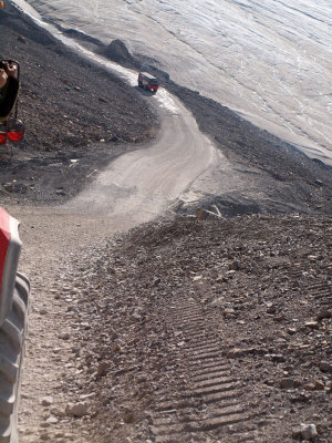 Heading down the moraine to the Athabasca glacier