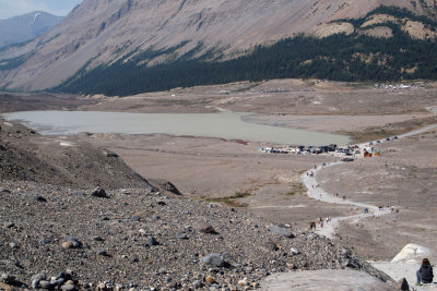 Sunwapta Lake and parking lot for the walk to Athabasca glacier