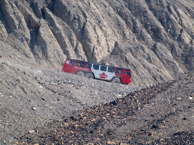 The bus to the glacier coming down the moraine