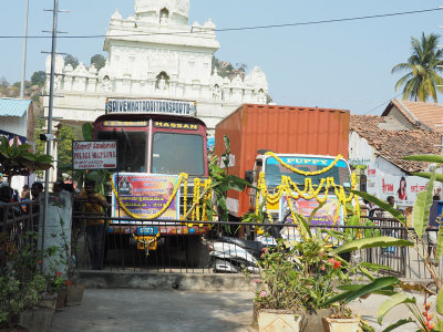 Trucks bringing material for the Shravanabelagola Mahamastakabhisheka, India