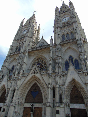 The clock towers of the Basilica in Quito