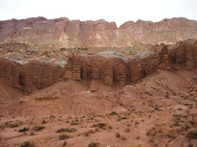 Capitol Reef NP - Beneath the massive rock formations on the scenic road in the park