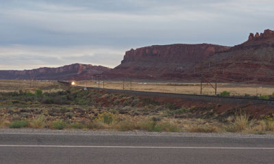 The freight train approaches as we head home from Canyonland NP