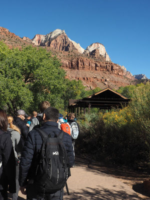 In line for the shuttle bus at the Zion NP Visitor center