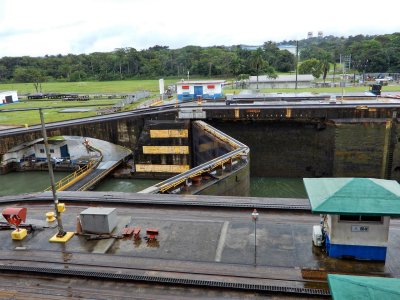 Gates closed and filling with water.  Note the roadway on left.