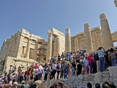 Crowds entering the Ancient Buildings of the Athens Acropolis