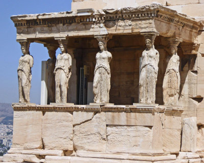 These six Caryatids support the roof of the false south porch of the Erechtheion on the Athenian acropolis
