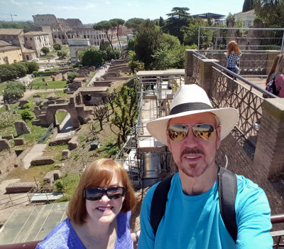 Overlooking part of the Roman Forum with Colosseum behind it