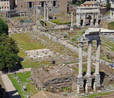 Temple of Castor & Pollux (495 BC), Arch of Septimius Severus (203 AD), and Temple of Vespasian & Titus (79 AD)