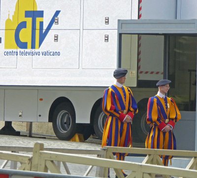 Pontifical Swiss Guards in front of Vatican Television Truck