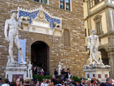 Entrance to the Town Hall of Florence is flanked by David (now a replica) and a statue of Hercules and Cacus