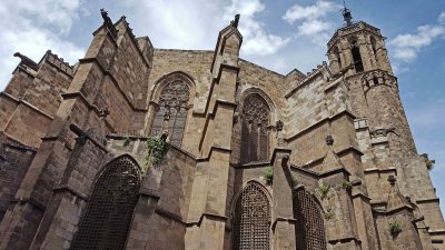 Back of the14th Century Gothic Cathedral of Barcelona with Animal Head Gargoyles