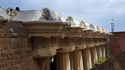Doric columns support the roof of the lower court in Park Guell
