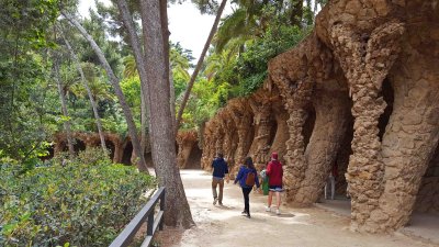 Colonnaded footpath under the roadway viaduct in Park Guell