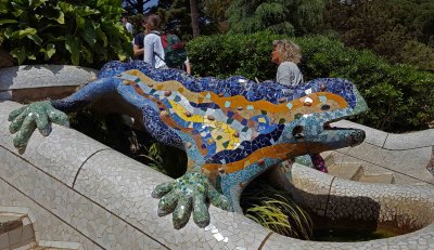 Gaudi's multicolored mosaic salamander, known as el drac (the dragon), at the main entrance of Park Guell
