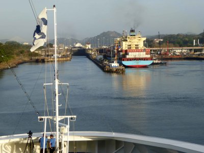 Arriving at First Set of Locks (Miraflores) on the Pacific Side of the Panama Canal
