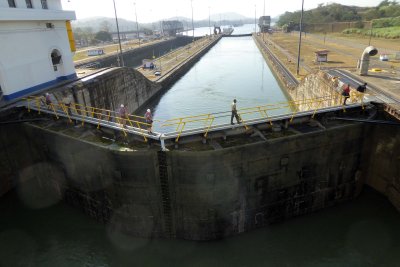 Ship's Photo-Video Team crossing over Lock Gate at Miraflores