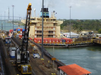 Ship in parallel lock at Gatun Locks after being lowered to level of the Atlantic Ocean
