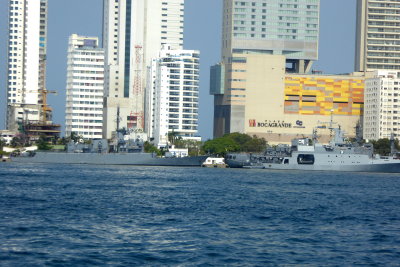 Colombian Navy Ships docked in front of Bocagrande Plaza in Cartagena