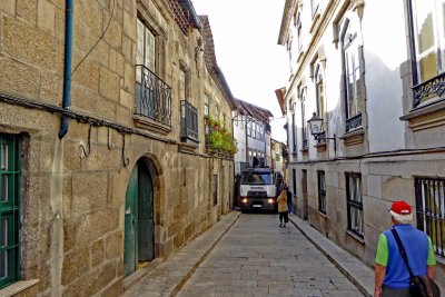 Truck blocking medieval street in Guimararaes, Portugal