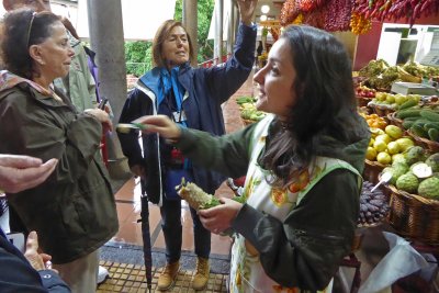 Tasting Philodendro fruit at the Farmer's Market in Funchal, Madeira