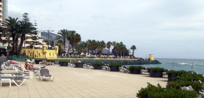 View of 17th Century Saint James Fort from the lower pool at Pestana Carlton Madeira Hotel