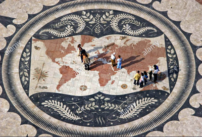 Stock photo from Alamy with aerial view of the Mappa Mundi at the Monument of the Discoveries in Lisbon