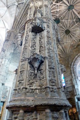 Columns in Jeronimos Monastery are carved with floral elements typical of the Renaissance style