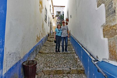 Narrow cobblestone steps in Obidos, Portugal
