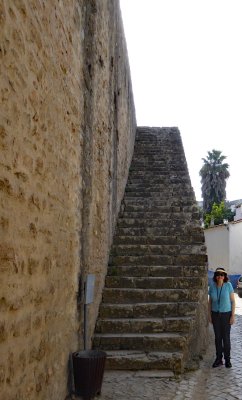 Medieval staircase leading to top of wall of Obidos, Portugal