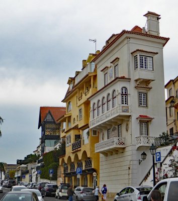 Narrow houses overlooking the harbor in Cascais, Portugal