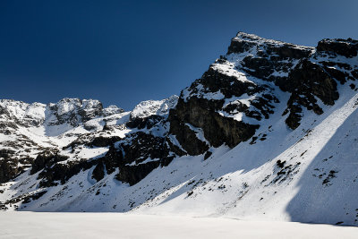 Koscielec 2155m and Kozi Wierch 2291m behind on the left, view over Black Lake Gasienicowy 1624m, Tatra NP