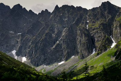 Javorove stity from Velka Javorova veza 2291m to Predna Javorova veza 2216m on the right, Javorova Valley at 1600m, Tatra NP