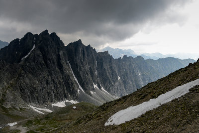 Javorove stity ridge, on the left Javorovy stit 2418m, further away Maly Javorovy stit 2380m, Upper Javorova Valley, Tatra NP