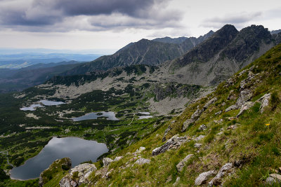 Looking down Green Lake Gasienicowy 1672m in Gasienicowa Valley from Liliowe 1952m, on the right Koscielec 2155m, Tatra NP