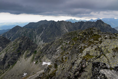 View eastwards from the summit of Swinica 2301m, behind Eagle's Path ridge with Kozi Wierch 2291m on the right, Tatra NP